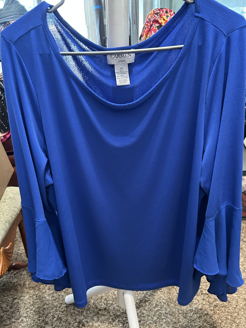 Carmen Woman Blue 2X Long Sleeve Blouse with Flared Sleeves